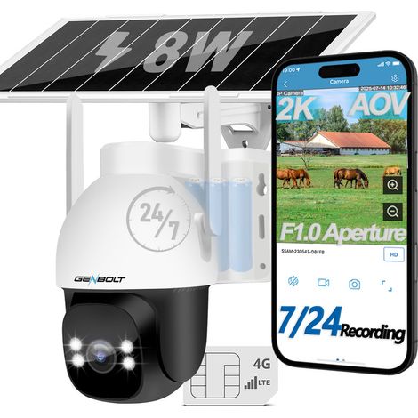 GENBOLT 3G/4G LTE 2K Caméra de Surveillance Solaire AOV 24/7 Enregistrement Extérieure sans Fil, 8W 15600mAh Ouverture F1.0