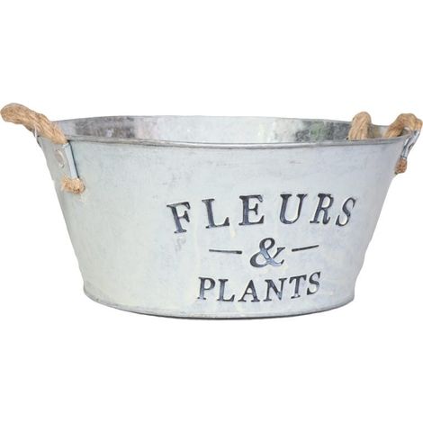 Runder Metall-Blumentopf mit Blumen und Pflanzen im Vintage-Stil
