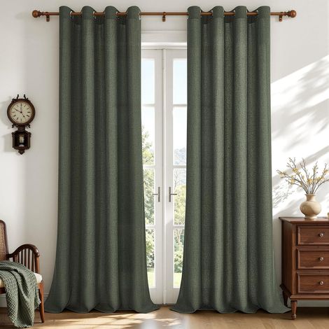 Rideau Voilage Effet Lin Tamisant à Œillets, Rideaux Voilage Semi-Transparents pour Fenetre Baie Vitrée Chambre et Salon, Style Naturel, 2 Panneaux 140 x 260 cm, Vert Olive (1/5)