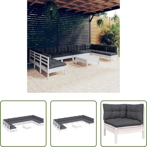 Terrassensofa - 11-tlg. Garten-Lounge-Set mit Kissen Weiß Kiefer Massivholz (1/5)