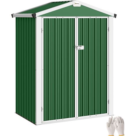 Outsunny cobertizo de jardín exterior metálico 1,1 m², 133x87x178 cm, con puertas abatibles, techo a dos aguas, almacenaje herramientas y bicicletas