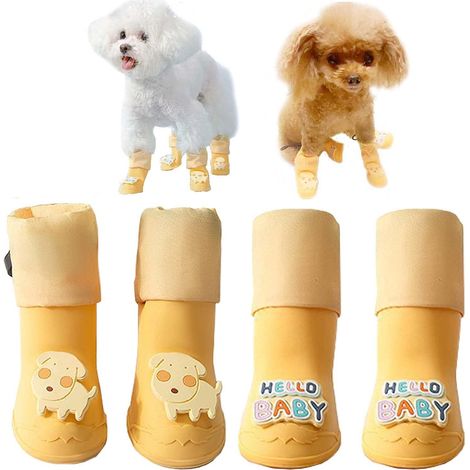 Set mit 4 wasserdichten Hundeschuhen, Schuhe für mittelgroße und kleine Hunde, für Schnee und Regen (gelb)