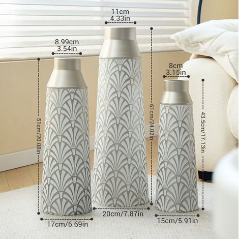 Dekorative Bodenvase 3er-Set aus Metall, Fächer-Muster, weiß-silber 43,5/51/61 cm HAVRYA (1/2)