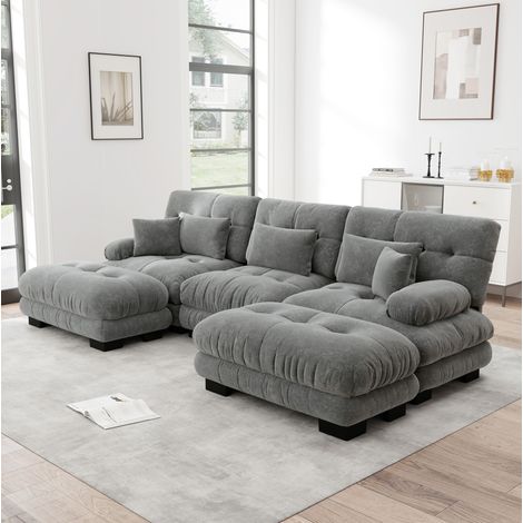 Divano angolare modulare a U con pouf, tessuto chenille grigio HAVRYA (1/5)
