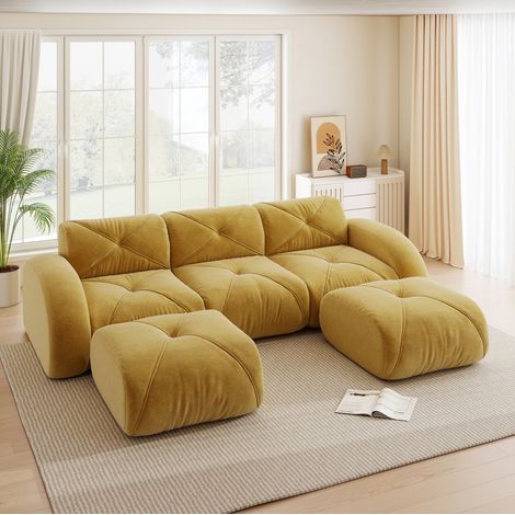 Canapé 3 places Modulsofa aus Chenille in Gelb, U-förmig, rahmenlos, mit 2 Hockern (1/5)