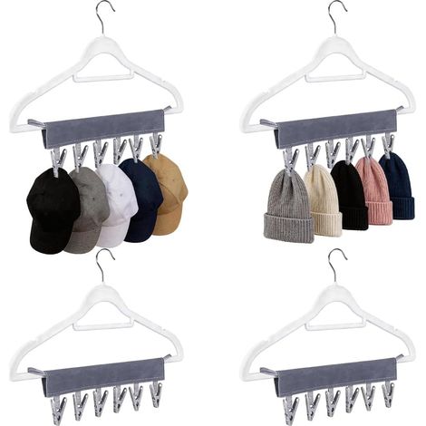 Un set di 4 grucce da viaggio, tra cui una per cappelli, con 6 clip pieghevoli. Queste clip compatte e pieghevoli sono ideali per riporre calzini, asciugamani, biancheria intima, in dormitorio, in cam