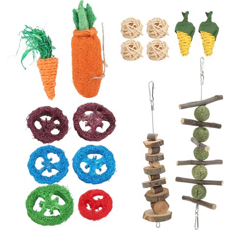 Jouets à mâcher pour lapins : balle en herbe, ficelle, balle en rotin, loofah, carotte. Convient également aux hamsters, chinchillas et cobayes. Aide à l'usure des dents. (1/5)