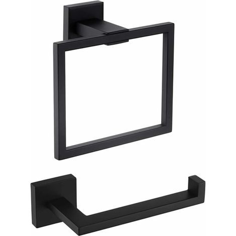 Set of 2 Toilet Paper Holder and Towel Ring Black Bathroom Accessory Set, Square Towel Ring - Black, Paper Towel Holder