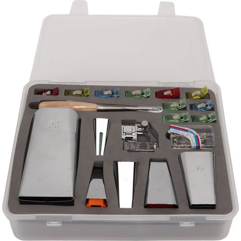 Ensemble d'outils pour mesure de biseau avec 6 tailles : 6 mm/9 mm/12 mm/18 mm/25 mm/50 mm. Comprend une boîte de rangement en plastique pour les accessoires de couture domestiques. (1/5)