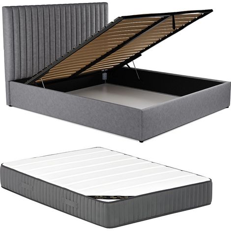 Letto contenitore con testata e cuciture verticali 160 x 200 cm Tessuto Grigio + Materasso SARAH