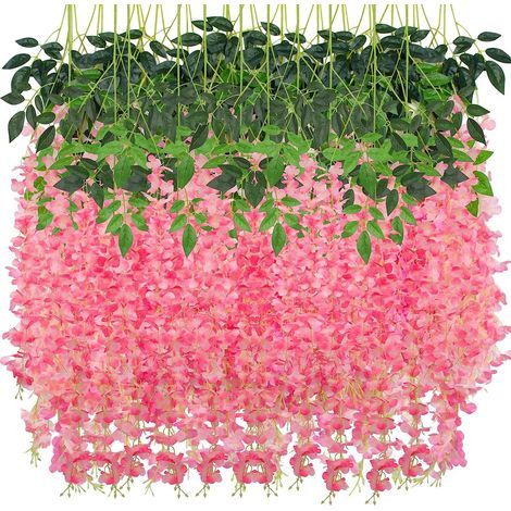 Paquet de 12 fleurs de glycine suspendues, guirlande de glycine rose, plantes artificielles, décor de guirlande de fleurs de glycine artificielles (1/5)