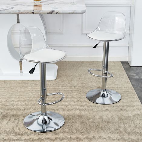 REDOM Lot de 2 tabouret de bar réglable dossier transparent métal et plastique blanc et argenté (1/5)