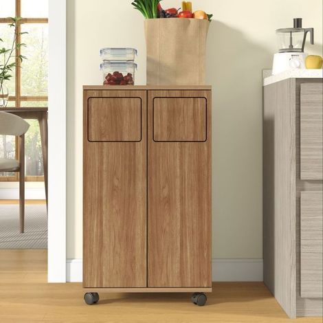 Buffet de Cuisine 46 x 35 x 80 cm tri des déchets 2 portes roulettes aspect chêne format compact (1/5)