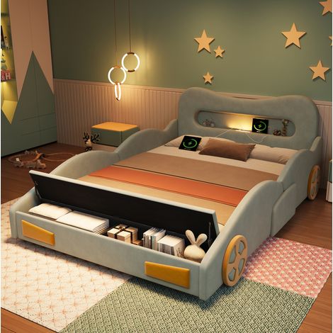 Cama infantil 140/200 cm verde con diseño de coche, luz de lectura, puerto de carga y arcón inferior (1/5)