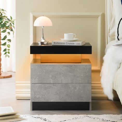 Nightstand LED Bedside Table Cabinet Lights Modern End Side with 2 Drawers for Bedroom (Grey+Black)