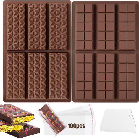 Moule Tablette Chocolat,Moule Mini Tablette Chocolat,Moule a Chocolat,Moule Chocolat en Silicone MéNager de Qualité Alimentaire Set de 2 Moules, 100 Sachets Opp, 1 Spatule(Losange,Carré) (1/5)