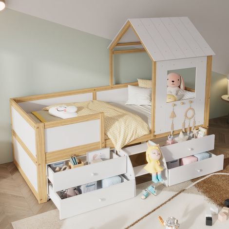Lit cabane enfant mi-hauteur 90x200 cm avec toit, fenêtres, 4 tiroirs et escalier bois blanc naturel (1/5)