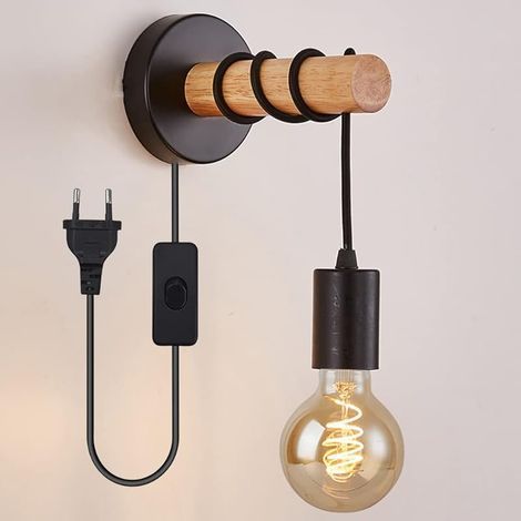 Applique Murale Industrielle, Interieur Vintage Lampe Murale en Bois et Métal, Éclairage Mural Suspendue en Métal, Douille E27 Rétro Applique pour Salon Chambre à Coucher Escalier Couloir (Noir) (1/5)