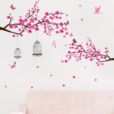 Décor mural autocollant branche de fleurs de pêcher avec cage à oiseaux, stickers muraux pour chambre d'enfant, entrée, école maternelle, décoration intérieure (1/5)