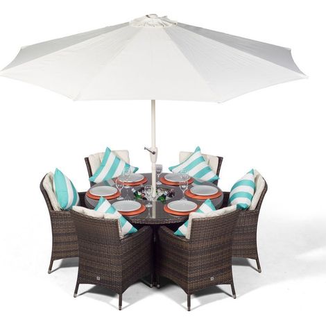 Savannah Round 6 Seater Patio Dining Set with Ice Bucket Drinks Cooler - Brown (1/5)