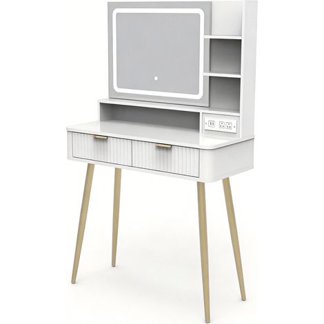 Coiffeuse moderne avec miroir LED 3 modes – Table de maquillage design avec 2 tiroirs, étagère ouverte, prise intégrée et rangements – Chambre – Couleur bois naturel – Norme européenne (1/5)