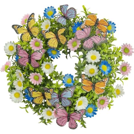 Couronne florale artificielle 35 cm, marguerites et papillon, décoration de porte d'entrée style rustique pour maison, porche, mur et fenêtre, toute saison (1/5)