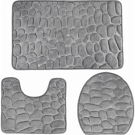 Tapis de bain antidérapant en relief, 3 pièces, pour salle de bain, toilettes, tapis de sol, couvercle pour hôtel, gris (1/5)