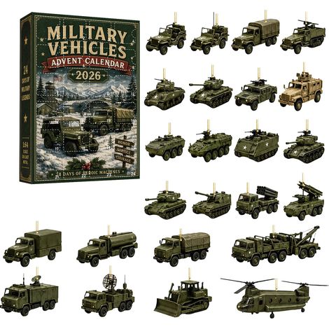 Adventskalender Militärfahrzeuge 2026 – 24-teilig – Olivgrün – Acryl – 8 cm flache Anhänger – Design: Militärfahrzeuge – Weihnachtsbaumschmuck – Geeignet für Weihnachten und als Dekoration im Innenber (1/5)