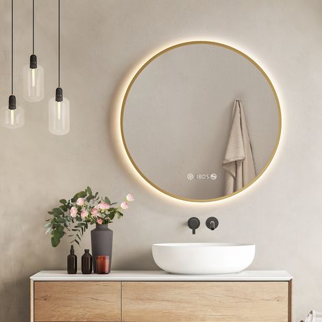 EMKE Runder LED Badspiegel 70cm Goldrahmen mit Antibeschlag, Neutrales Licht, Uhr & Temperaturanzeige, Dimmbar mit Memory-Funktion (1/5)