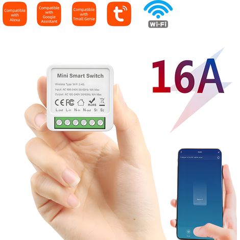 Interrupteur à temporisation unidirectionnelle Tuya sans fil avec commande vocale Alexa, disjoncteur 16 A et éclairage intelligent WiFi à monter soi-même. Compatible avec Alexa. (1/5)