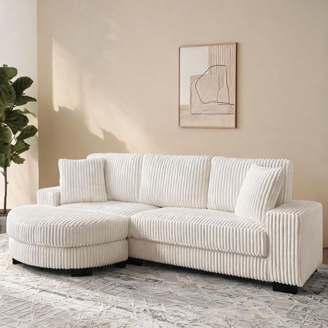 Canapé d'angle modulable en velours côtelé beige avec pouf et 2 (1/5)