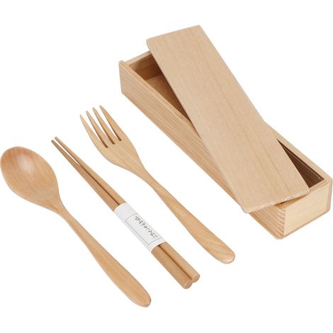 Coffret de couverts portable comprenant baguettes, fourchette et cuillère en bois, idéal pour la maison et les voyages. (1/5)