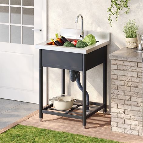 Évier sur pied en inox 60x60x107,5 cm - Évier extérieur 1 bac avec robinet étagère et siphon anti-odeur - Noir et argent (1/5)