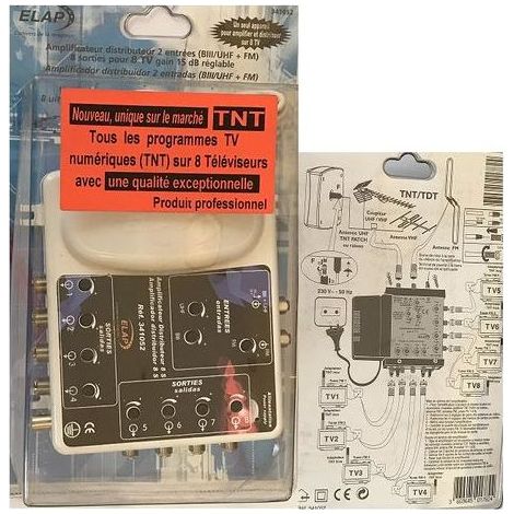 AMPLIFICATEUR DISTRIBUTEUR 2 ENTREES (BILL/UHF+FM) 8 SORTIES POUR 8 TV GAIN 15 DB REGLABLE REF341052 ELAP HDME