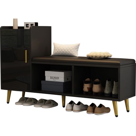 Porte d'armoire noire laquée brillante avec espace de rangement, meuble à chaussures d'entrée, étagère à plusieurs niveaux avec siège rembourré, banc à chaussures avec rangement, accessoire doré pour (1/5)