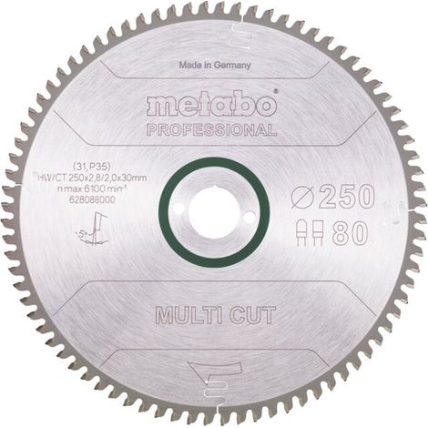 Lame de scie circulaire HW/CT 250 x 30 x 2,8/2,0, nombre de dents 80, denture plate/denture trapézoïdale, angle d'attaque 5° nég. metabo (1/3)
