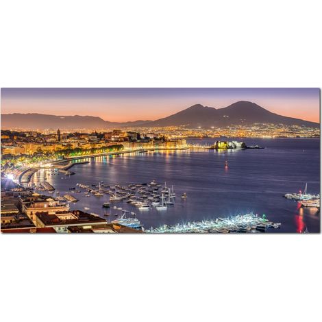 Lupia - Quadro moderno su Tela Canvas DEEP 65X143 cm, con paesaggi e localismi italiani, per casa, soggiorno, capezzale camera da letto, hotel, ufficio, NAPOLI - VESUVIO SERA (1/4)