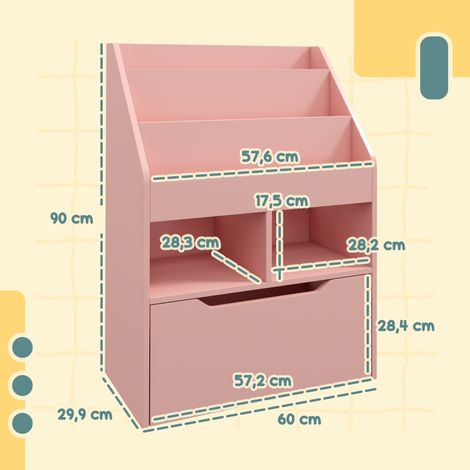 Bibliothèque enfant avec tiroir, 3 tablettes et 2 niches ouvertes, rangement pour chambre ou espace jeu, teinte rose, dimensions 60 x 29,9 x 90 cm (1/5)
