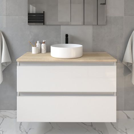 Meuble de salle de bain sans miroir avec vasque à poser ronde - blanc - BALEA - 80cm (1/5)