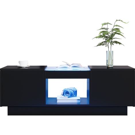 Table Basse Noire Verre LED, 100x50x35,5 Cm, Apli, 2 Tiroirs, Compartiment Ouvert (1/5)
