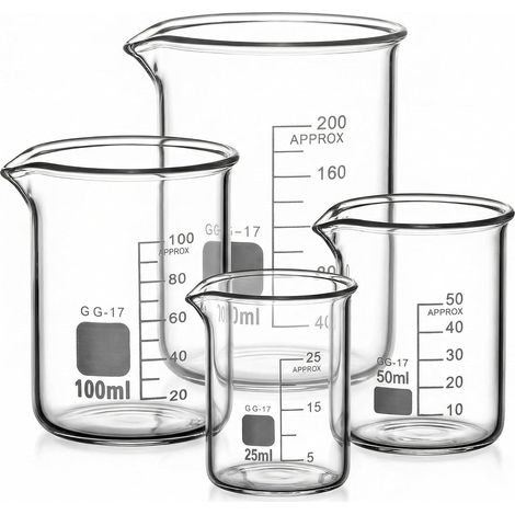 Bécher Gradué 25ml 50ml 100ml 200ml en Verre Borosilicate, Lot de 4 Verre Doseur pour Laboratoire et Cuisine (1/5)