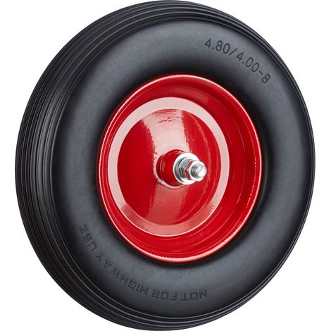 2 x Schubkarrenrad Vollgummi mit Achse, 4.80 4.00-8 Gummirad, pannensicher, 100kg Tragkraft Ersatzrad, schwarz-rot