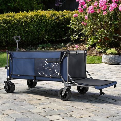 Chariot de jardin pliable en acier bleu avec ridelle escamotable (1/5)