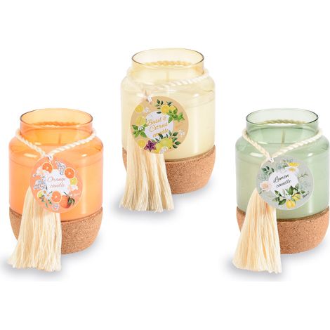 Candele profumate in barattolo di vetro con base sughero e nappina, set da 6 pezzi, Ø 6,5 cm x 9,5 H