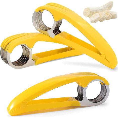 Coupe-Banane en Acier Inoxydable,3 Pièces Banane Trancheuse Multifonctionnel Portable Banane Slicer avec 6 Lames pour Saucisses Kiwi Concombres Bananes (1/5)