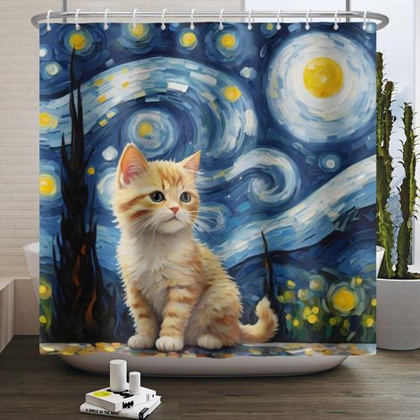 175x178cm Chat thème Rideau de Douche drôle Mignon Orange Chat Bleu Art Star Fond Rideau de Douche imperméable Polyester Tissu Salle de Bains Crochet décoration de la Maison (1/5)