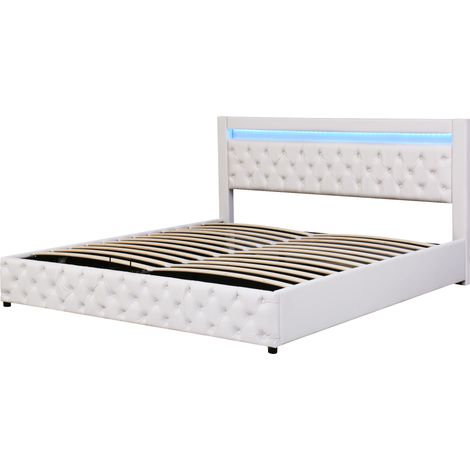 Letto contenitore capitonné 180 x 200 cm in PU bianco con rete, vano contenitore e LED MODENUIT (1/5)