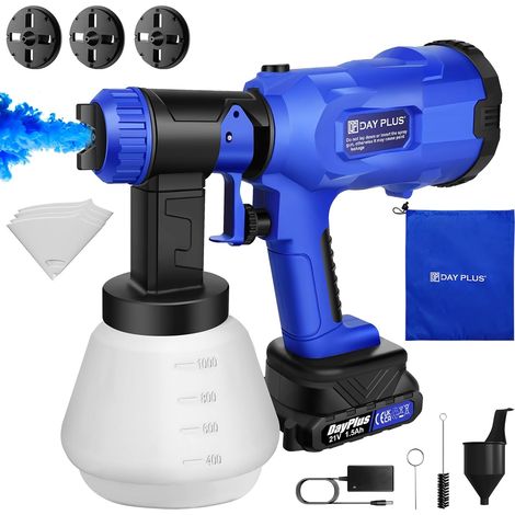 Cordless and battery-powered HVLP airless paint sprayer kit, electric spray gun, wall fence with 1500mAh battery and charger, 4 nozzles / 3 patterns (1/5)