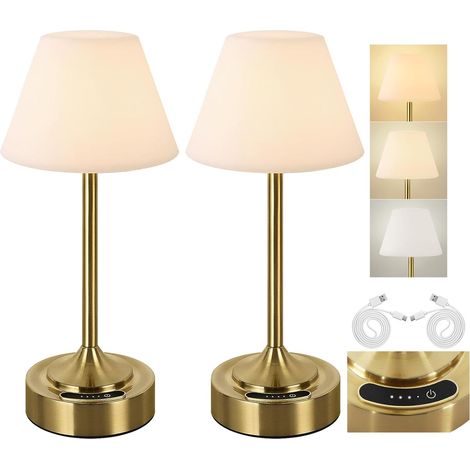 Lot de 2 Lampes de Table LED Sans Fil – Indicateur de Batterie, Tactile & Intensité Variable, USB-C, 3 Températures (3000–6000K), IP54, 53h Autonomie, pour Chambre, Salle de Bain, Balcon (Or)