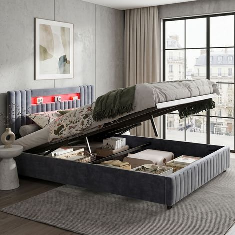 Comanlai - Lit Coffre 140x200 cm avec Lumière LED, Lit Capitonné avec Rangement, Fonction hydraulique, Lit Double avec Tête de Lit Rangement, Velours Gris (140x200 cm) (1/5)